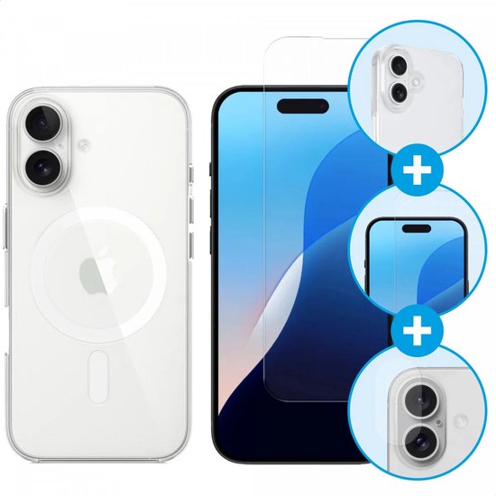 Een doorzichtige hoes met MagSafe-compatibiliteit en een smartphone met screenprotector en camera protector.