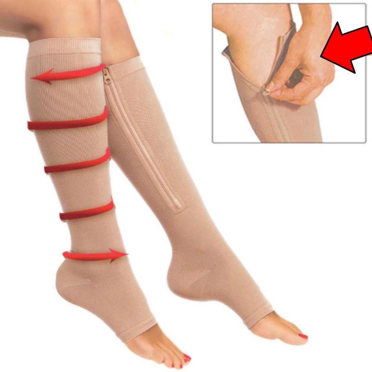 CHPN - Steunkousen - Kousen - S/M - Beige kousen - Vliegtuigkousen - Open teen - Vliegtuigsokken - Compressie Sokken - Hoge kousen - Rits — cadeau in Cadeau-ideeën - foto 4