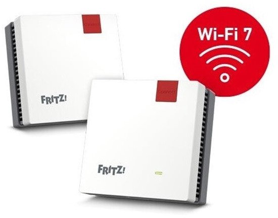 Twee witte Fritz! mesh-apparaten met rode accenten en Wi-Fi 7-symbool.