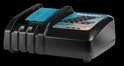 Zwarte Makita DC18RC lader met turquoise accenten en LED-indicatielampjes.