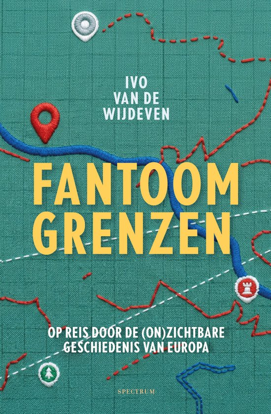 Boek met de titel 'Fantoomgrenzen' van Ivo van de Wijdeven. Groene achtergrond met geborduurde rode en blauwe lijnen die grenzen voorstellen.