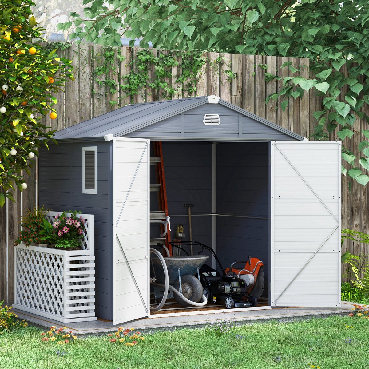 Tuinhuis Metaal, Metalen Schuurtje, Tuinberging Metaal, Tuinhuis, 4.1 m², Met Lessenaarsdak, 240 X 190 X 180/228 Cm, Gereedschapsschuur Met Afsluitbare Deur, Raam, Fietsenstalling, Aluminium Tuinkast, Voor Achtertuin, Tuin, Grijs