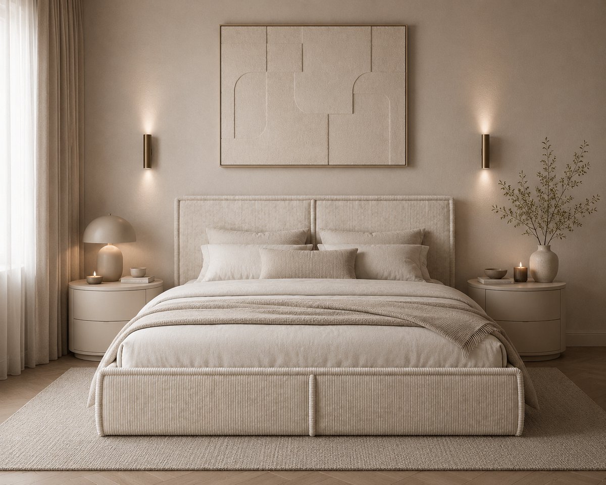 AJE Meubles B.V. Gestoffeerd Bed 04 met Opbergruimte en Hoofdbord 180x200 cm - Crème (Poso 100)