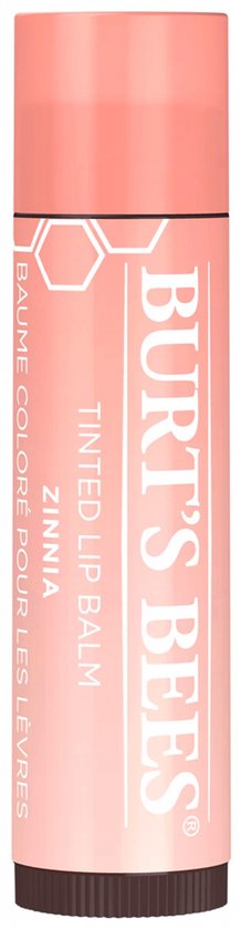 Burt's Bees getinte lippenbalsem in de kleur Zinnia, in de verpakking.