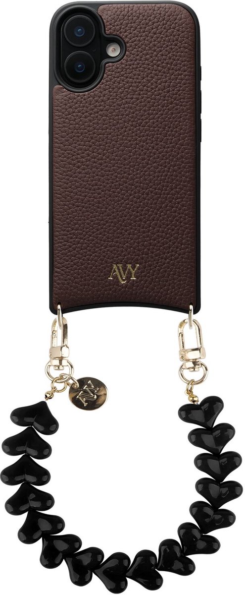 AVY Leren Hoesje geschikt voor Apple iPhone 16 | Compatibel met MagSafe | Leather Back Cover met Telefoonkoord 30CM | Polsband | Bruin | Cupid Black