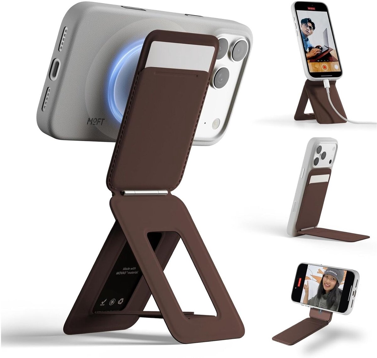 MOFT Tripod Wallet - Kaarthouder & Uitklapbare Standaard 20CM - Compatibel met MagSafe - MOVAS Vegan Leer - Magnetische Portemonnee 2 Pasjes - Bruin