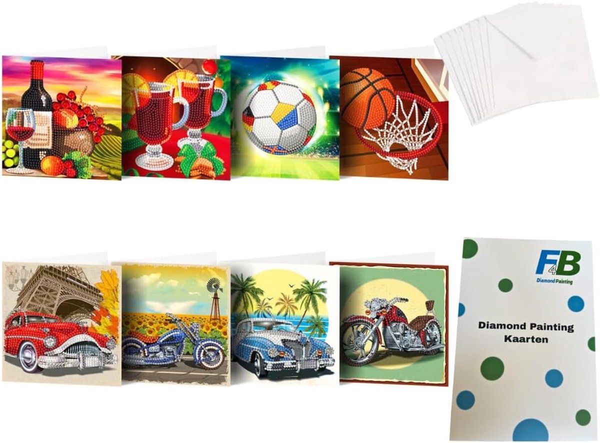 SnelShoppen - 8-Piece Wenskaarten Set met Diamant Painting 15x15 cm | Rond Rhinestones | Met Enveloppen | Verjaardagskaarten | Voetbal, Motor, Auto Th