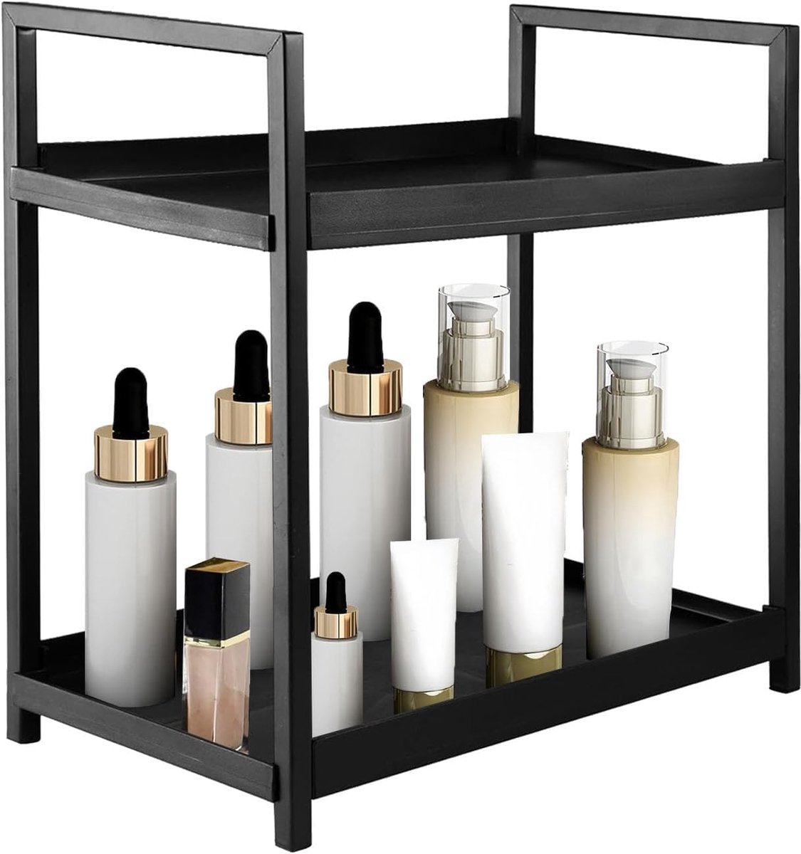 SnelShoppen - Skincare Metal Organizer 2-niveaus 30x30x17 cm Carbon Staal Ondersteuning Badkamer Organizer Rack Keuken Werkblad Parfum Bureau Opslag Z