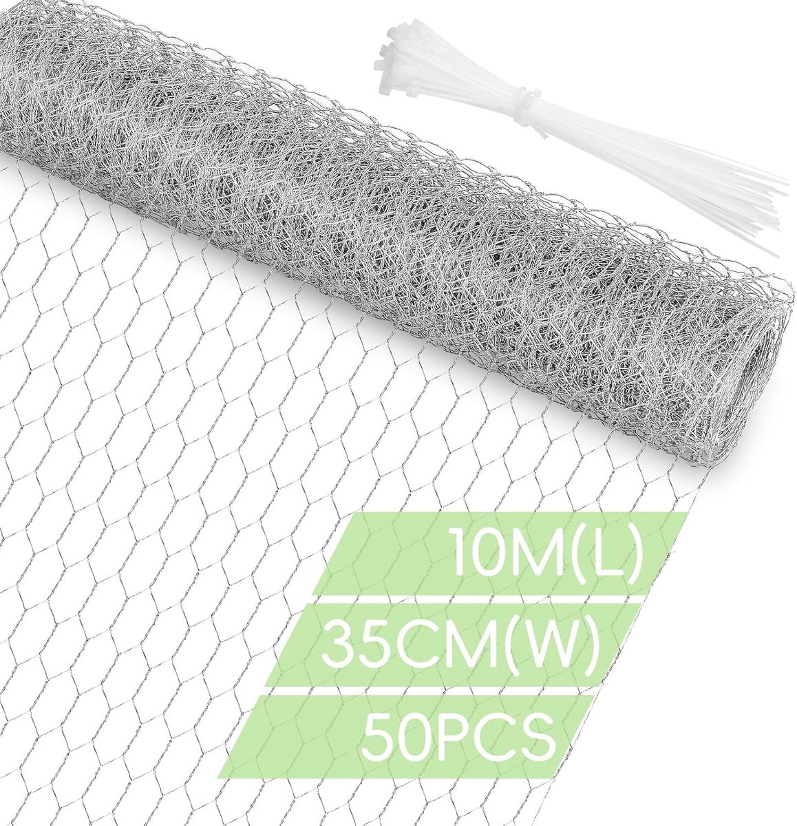 SnelShoppen - Chicken Wire Mesh 35cm x 10m - Gegalvaniseerd Hexagonaal Hekwerk met 50 Kabelbinders - Draadgaas voor Tuin, DIY Klussen en Huisdieren