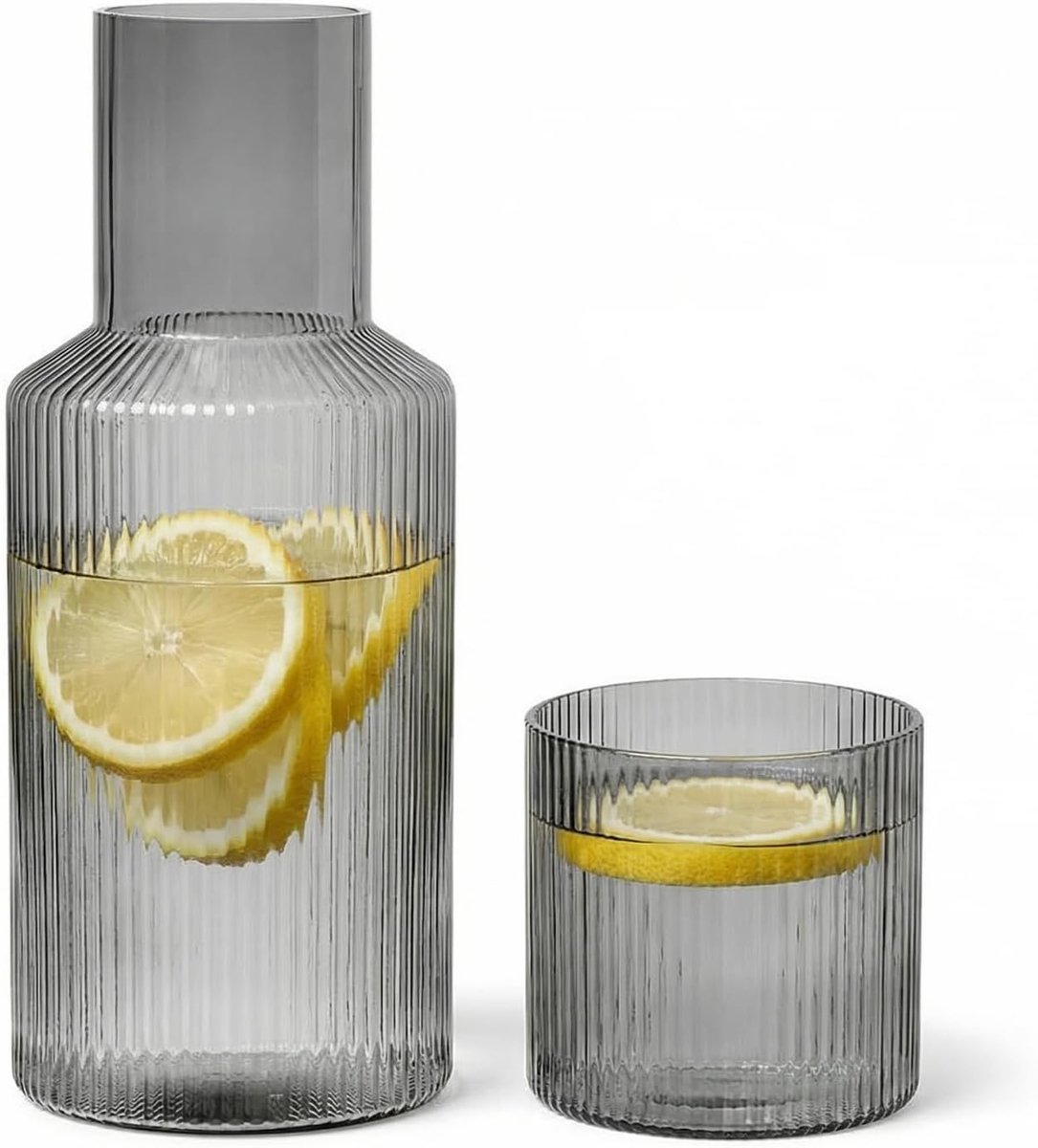 SnelShoppen - Bedside Table Water Carafe Set met Glas en Deksel - 1000ml Rookgrijs - Elegante Mondwaterfles en Kopjes voor Slaapkamer, Badkamer en Woo