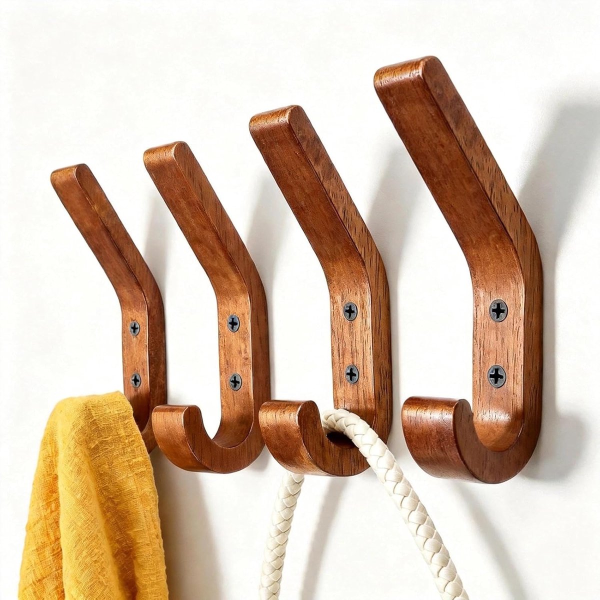 SnelShoppen - Houten Kledinghaken Set van 4 - 155 mm Walnoot J Haken - Verbeterde Versie Towel Haken - A-kwaliteit Eiken Hout Gepolijst en Geolied voo