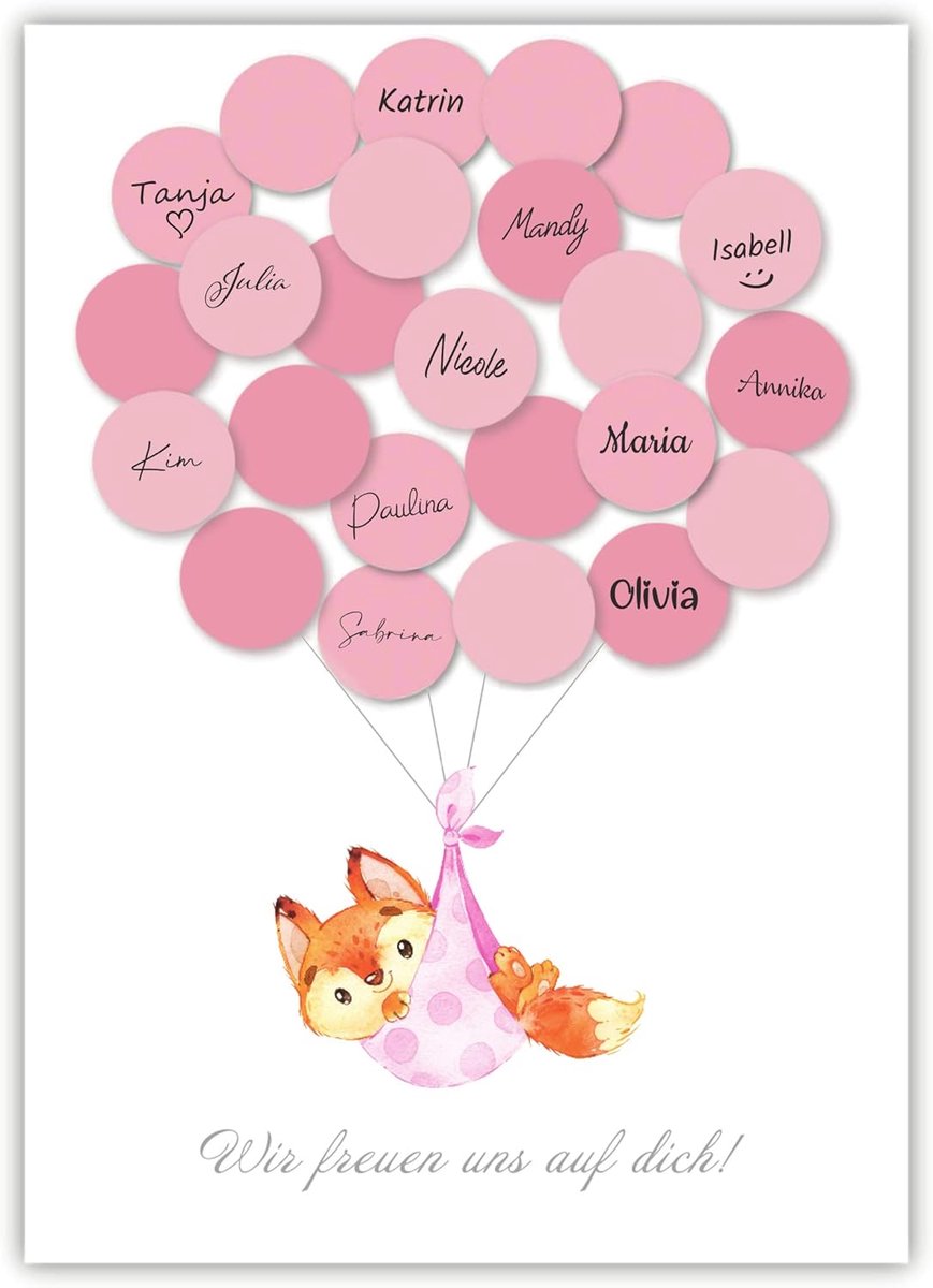 SnelShoppen - Pandawal Baby Shower Decoratie Meisje Vos Gastboek Alternatief (Roze) Baby Shower Set Kraamfeest Aandenken / Keepsake Met Vingerafdrukke