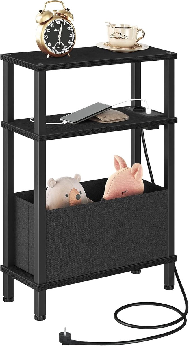 SnelShoppen - 3-Step Smalle Bijzettafel met Oplaadstation, Ruimtebesparend en Verwijderbare Fleece Lade voor Slaapkamer, Woonkamer, Kantoor, Zwart DTB