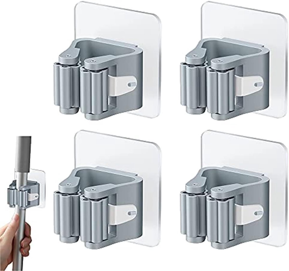 SnelShoppen - Pack van 4 Zelfklevende Broom Holders - Mop Houder Zonder Boren - Wandmontage Grijs - Duurzaam en Sterk voor Keuken en Badkamer