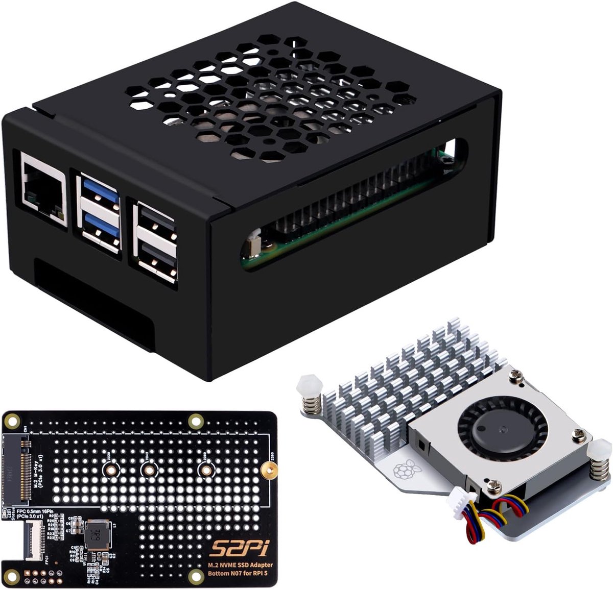SnelShoppen - Metalen Behuizing voor Raspberry Pi 5 met N07 M.2 NVMe SSD Pip PCIe Board, Actieve Koeler, Ondersteuning voor M.2 SSD 2230/2242/2260/228
