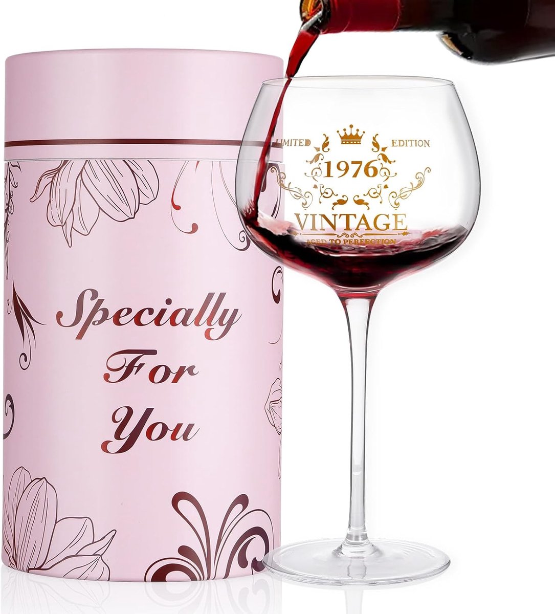 SnelShoppen - Hejo Wijn Glas voor Vrouw 50e Verjaardag, Gegraveerd 1976, Persoonlijk Cadeau, Decoratie, Feestelijke Wijn Glazen, Luxe Kristal, Appelvo