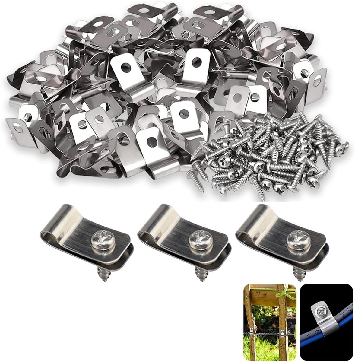 SnelShoppen - 100 Stuks Hek Klemmen RVS Draadclips Bevestigingsclips met Schroeven Voor Hekken en Tuin, Duurzaam en Roestvrij, Ideaal Voor Landbouw en