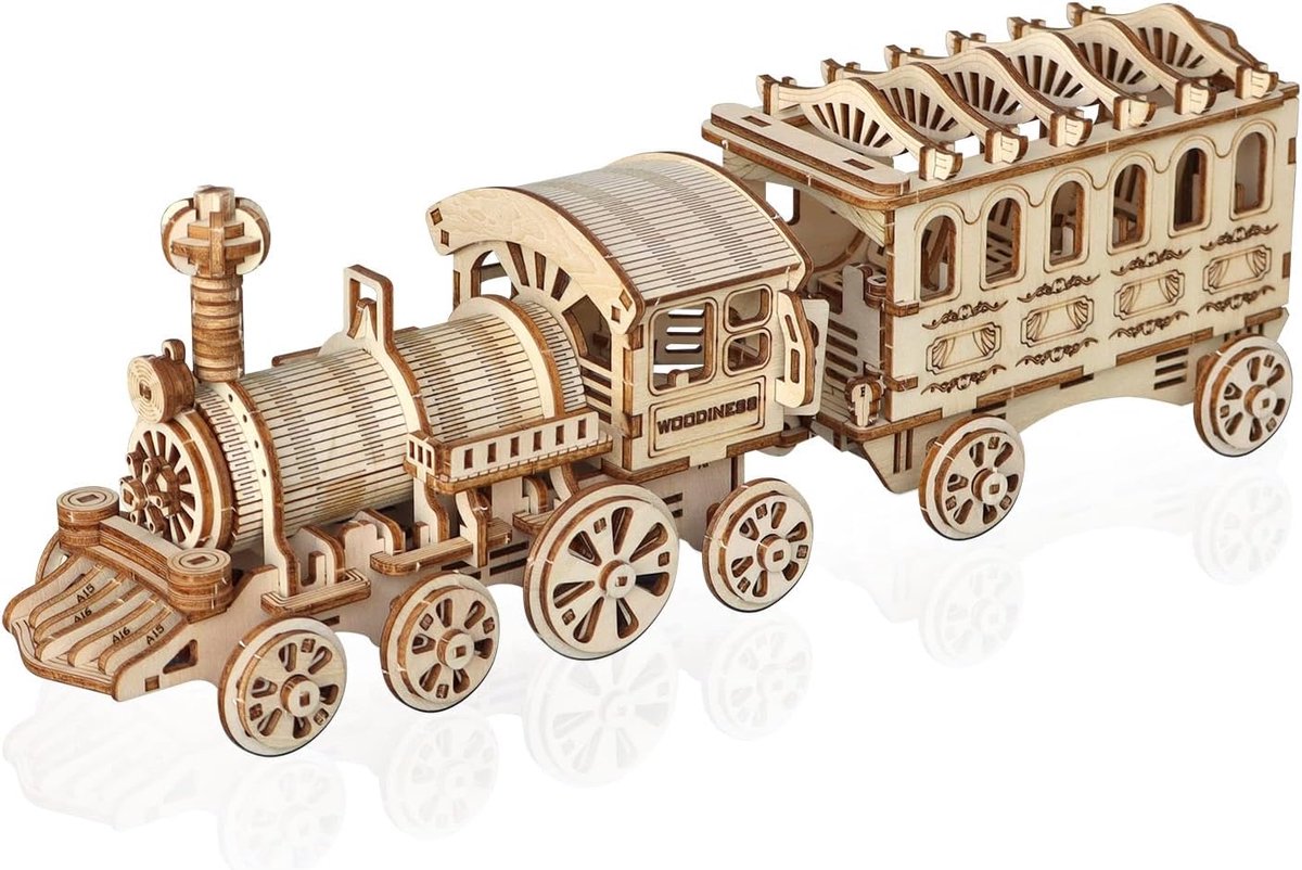 SnelShoppen - 3D Houten Puzzel Stoomtrein Model Kit voor Volwassenen, DIY Bouwset, Decoratie, Cadeau Voor Kerst, Verjaardag, Valentijn, Makkelijk Zond
