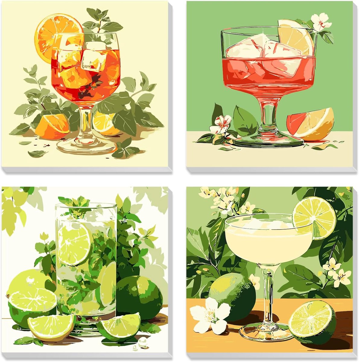 SnelShoppen - Cocktail Set van 4 Schilderen op Nummer met Lijst voor Volwassenen, Acrylverf voor Thuisdecoratie, Cadeau, 20x20 cm