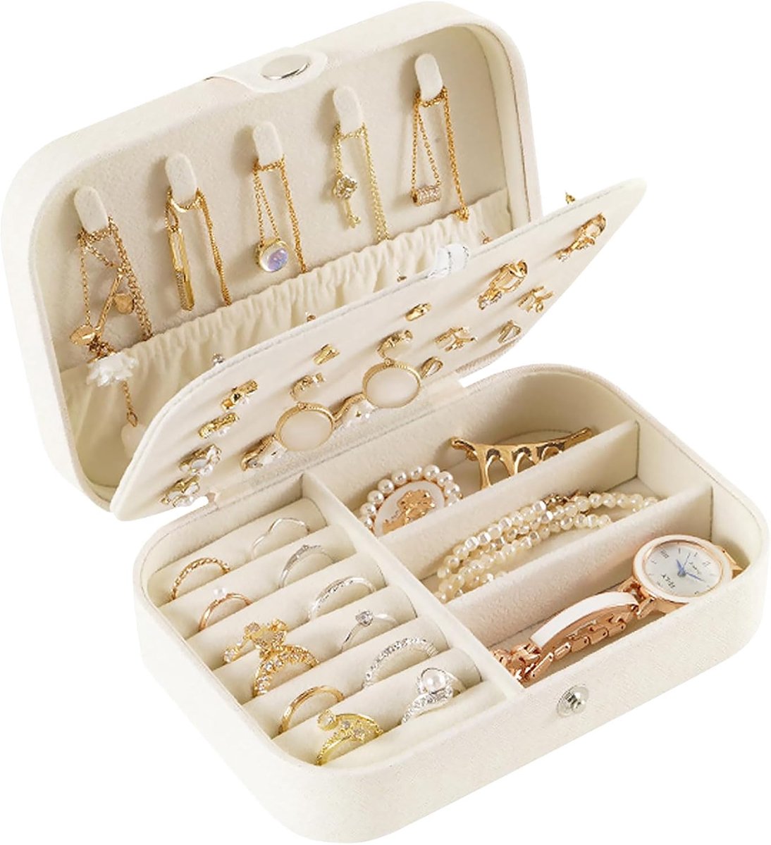 SnelShoppen - Luxe Lederen Sieradenbox 16x11x5 cm - Draagbare Reis Sieradenopslag voor Oorbellen, Ringen, Kettingen, Armbanden - Wit, Perfect voor Rei