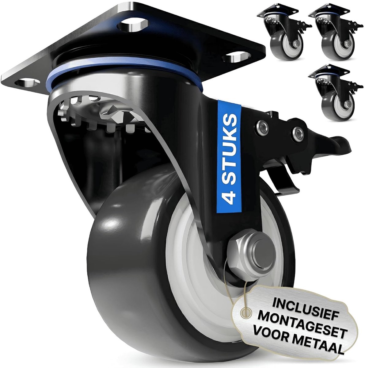 SnelShoppen - 4 Zwenkwielen met Rem [75 mm] voor Zware Lasten tot 400 kg | Ideaal als Transportwielen, Meubelwielen voor Werkplaats, Roestvrij Staal,