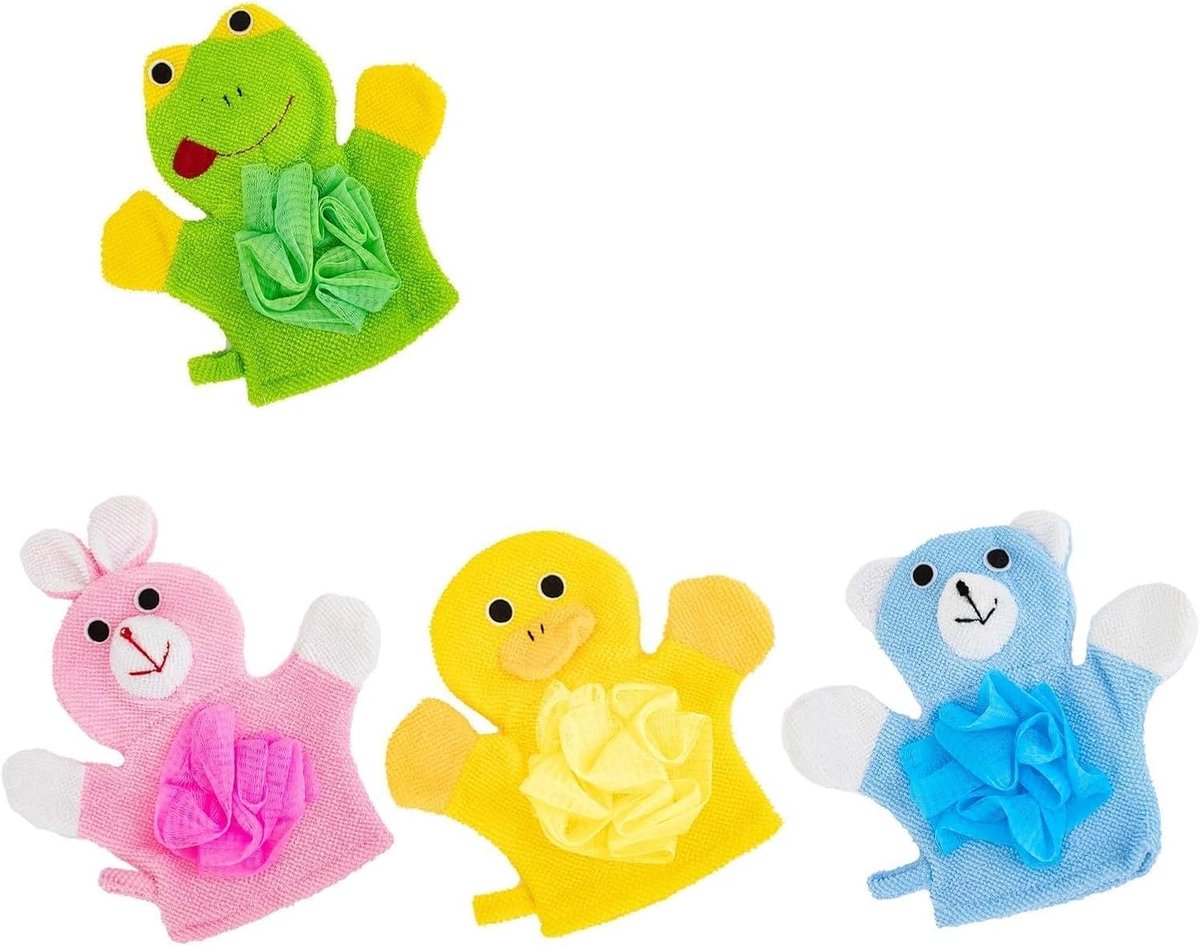 SnelShoppen - Pack van 4 Baby Shower Handschoenen met Dieren Motief, Zachte Exfoliërende Badhandschoenen, 22 x 23 cm, Perfect voor Kinderen