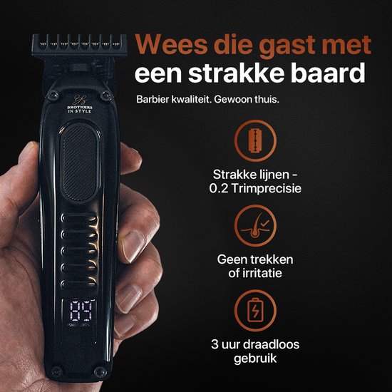 Een zwarte baardtrimmer met digitaal display, in hand. "Strakke lijnen, 0.2 mm trim precisie."