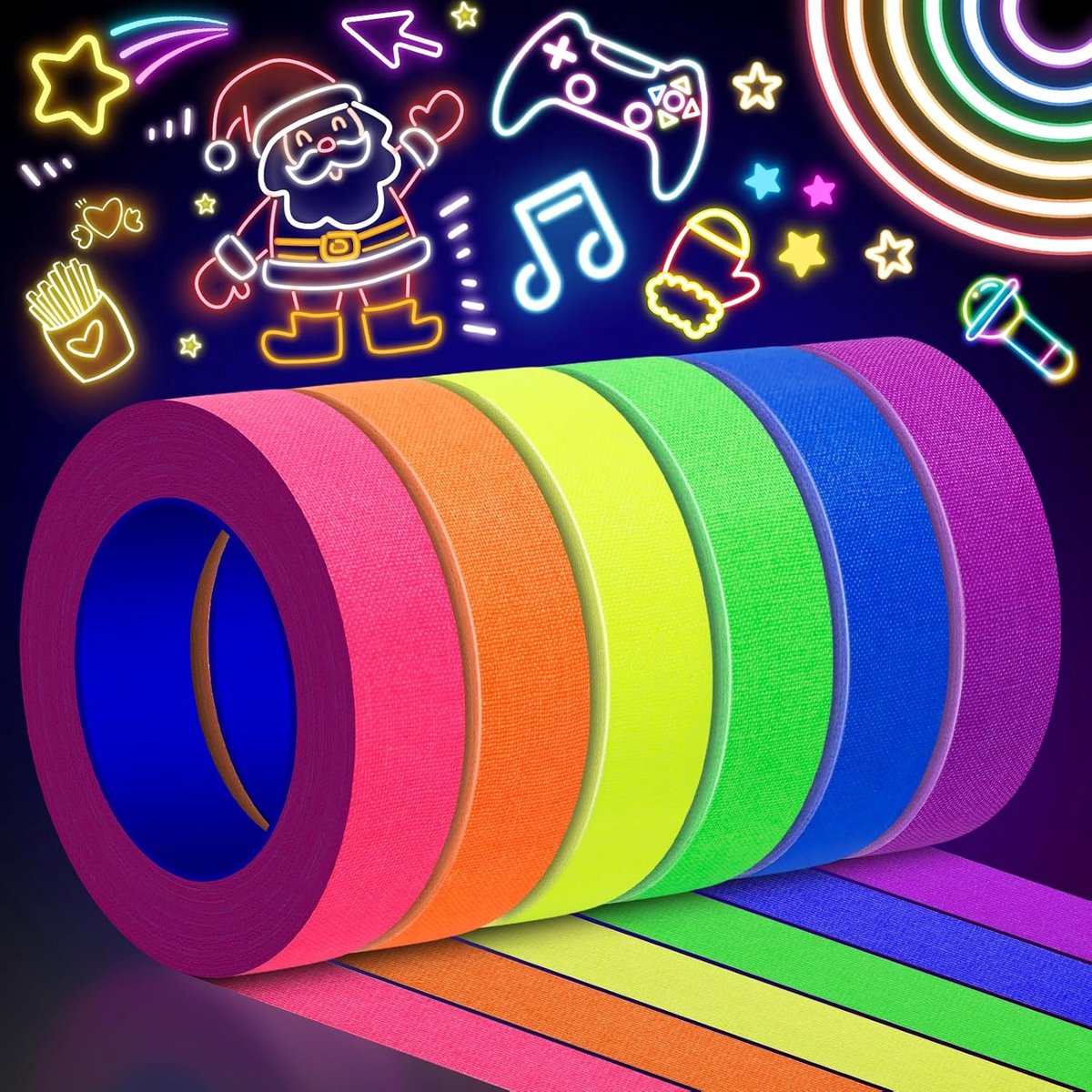SnelShoppen - 6 Kleuren Neon Tape - 12m x 1.5cm - Fluorescerende Kleuren UV Blacklight Glow in the Dark Tape voor Feest, Markeren, Geen Residue, Pack