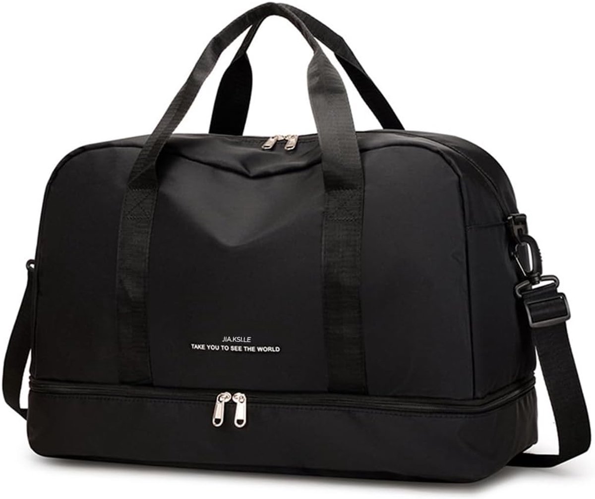 SnelShoppen - Grote Sporttas voor Mannen en Vrouwen, Waterproof Nylon Weekendtas met Schoencompartiment en Natvak, Zwart, 49x25x32cm, Ideaal voor Spor