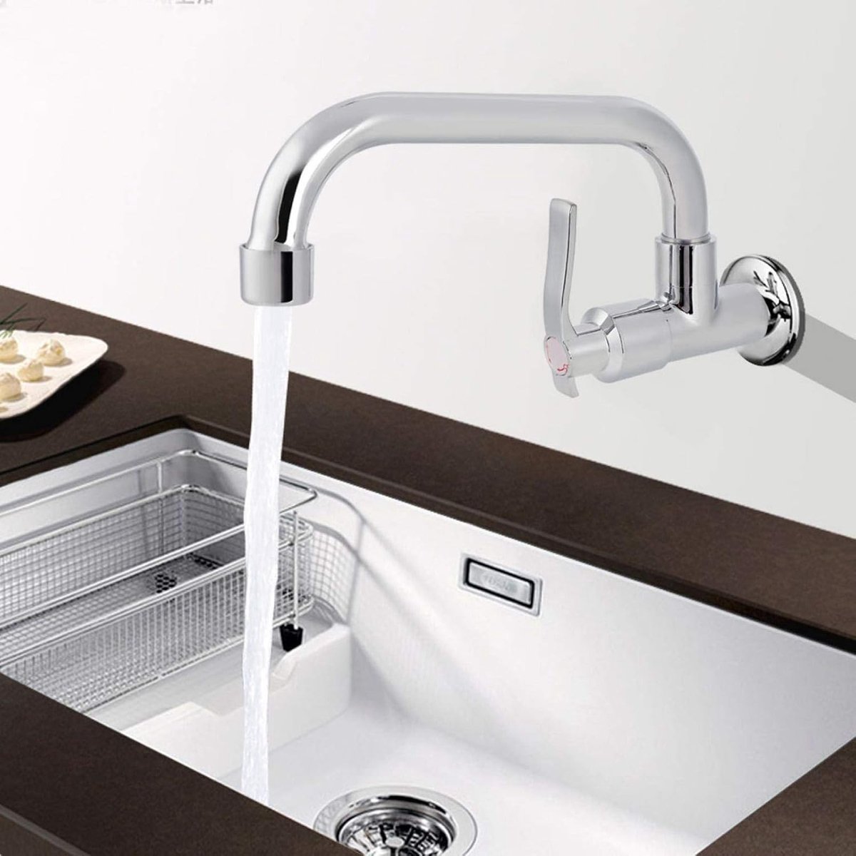 SnelShoppen - Wandgemonteerde Enkele Koudwaterkraan - Keuken Faucet - Hoge Druk - 360° Draaibaar - RVS - 20cm - Ideaal voor Keuken en Huishoudelijk Ge