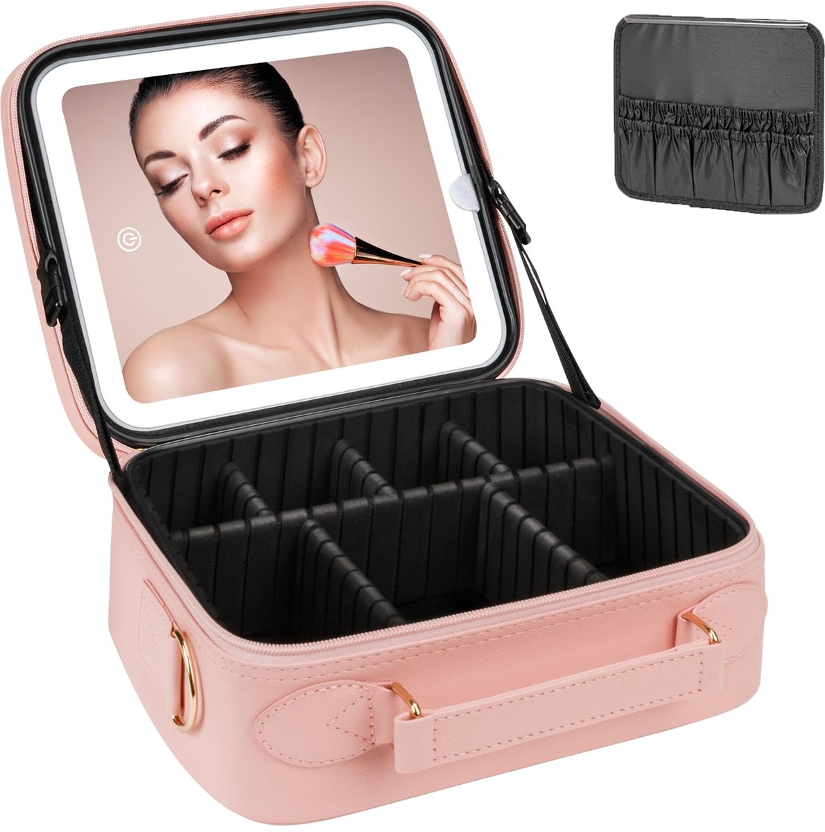 SnelShoppen - LED Make-up Spiegeltas met 3 Kleuren, Traploos Dimmend Licht, Grote Kwastopbergruimte, USB-C Opladen, Reisbox voor Vrouwen, Verlichte Ma