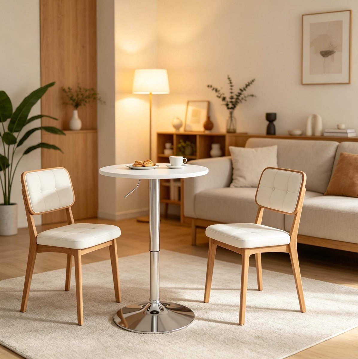 OKWISH Bartafel - Rond Tafelblad 60 Cm - Verstelbare Hoogte 68-88 Cm - Voor Keuken En Eethoek - MDF En Metaal Wit