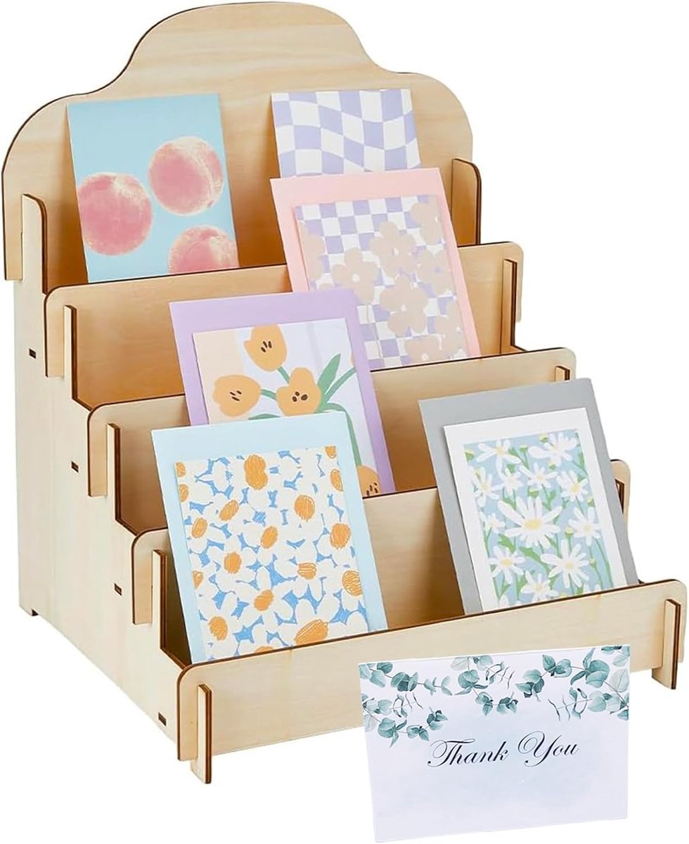 SnelShoppen - 4-Laags Kaarten Display, Houten Stickerhouder, Draagbare Kaartjes Organizer voor Foto's, Postkaarten, en Stickers - Perfect voor Feesten