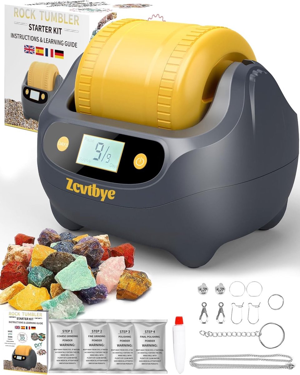 SnelShoppen - Rock Tumbler Kit - Steentrommel met Digitale 9-Daagse Timer - Complete Steenhobby Set - Dubbele Laag Geluidsreductie - Inclusief Steenko