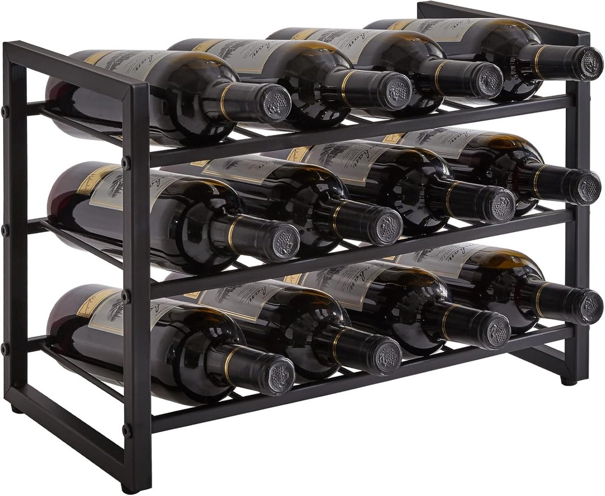 SnelShoppen - Stackable Wine Rack voor 12 Flessen - 3 Laags, Zwart, Staal, Moderne Stijl, Ideaal voor Keuken en Wijnkelder