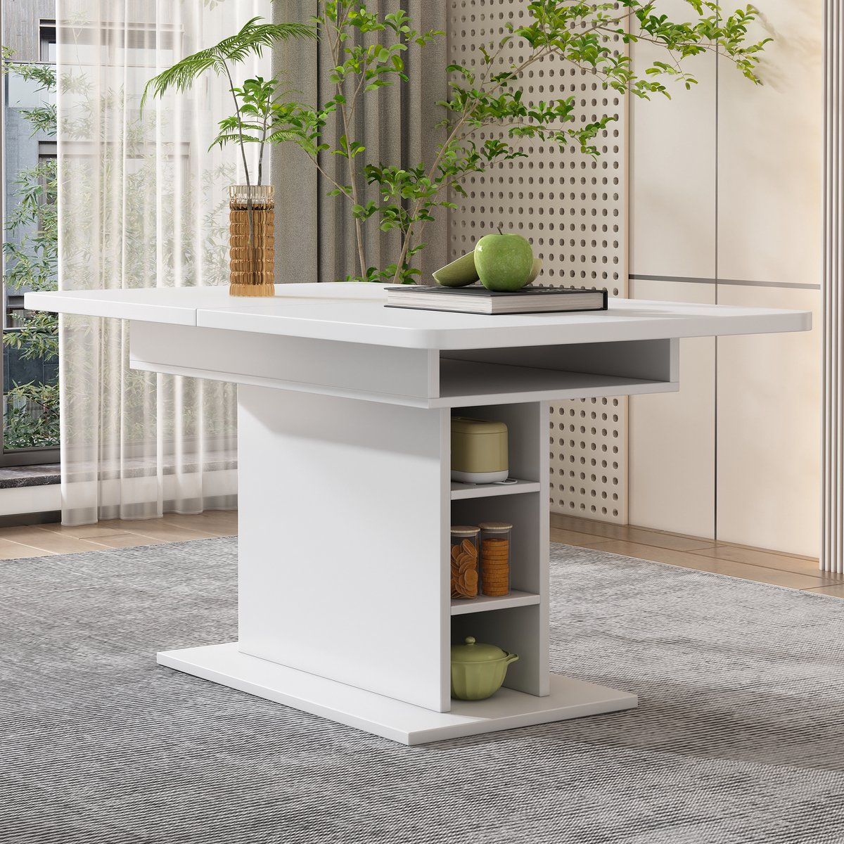 COVREO Eettafel 130x75x75 cm – wit, uitschuifbaar, met opbergruimte en metalen details