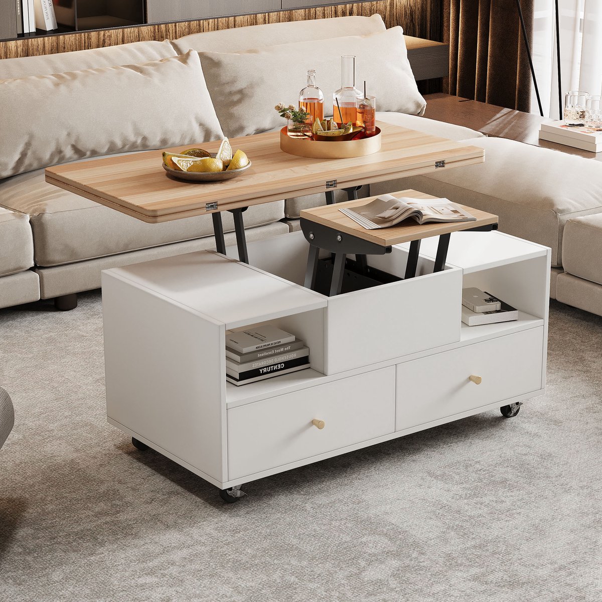 COVREO Salontafel 100 x 50 x 62 cm - wit en houtkleur, verstelbaar en met 4 lades
