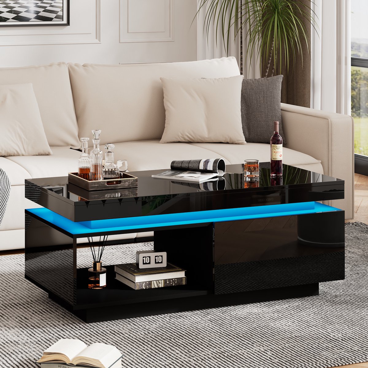 COVREO Salontafel 100x50x40,3 cm zwart spaanplaat met LED-verlichting en 1 lade