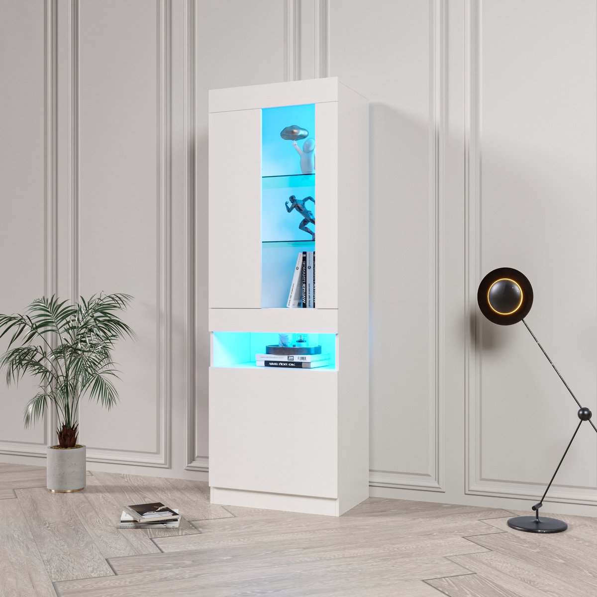 COVREO Vitrinekast 50x40x180 cm – wit, met glasplanken en USB LED-verlichting