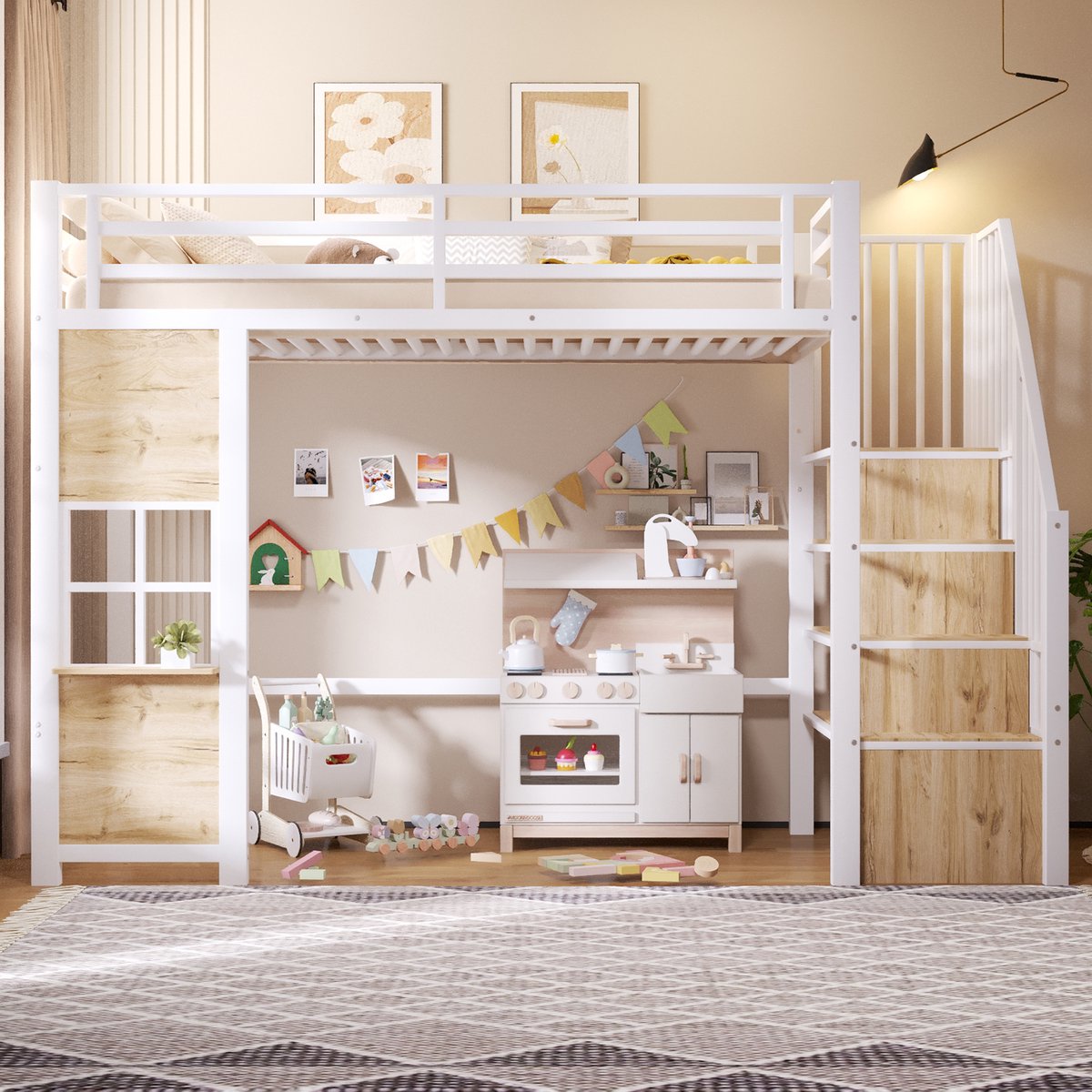 Hoogslaper 90 x 200 cm - opbergplanken - open opbergruimte onder het bed - raamdesign - zonder matras - wit