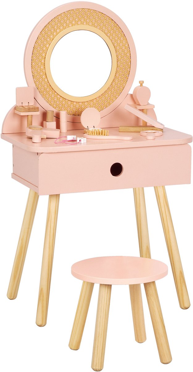 Tooky Toy Houten Kaptafel Rotan met Krukje – Inclusief 19-delige Accessoireset – Kinder Kaptafel met Spiegel en Lade – Roze – Rollenspel Speelgoed – FSC Hout – Vanaf 3 Jaar