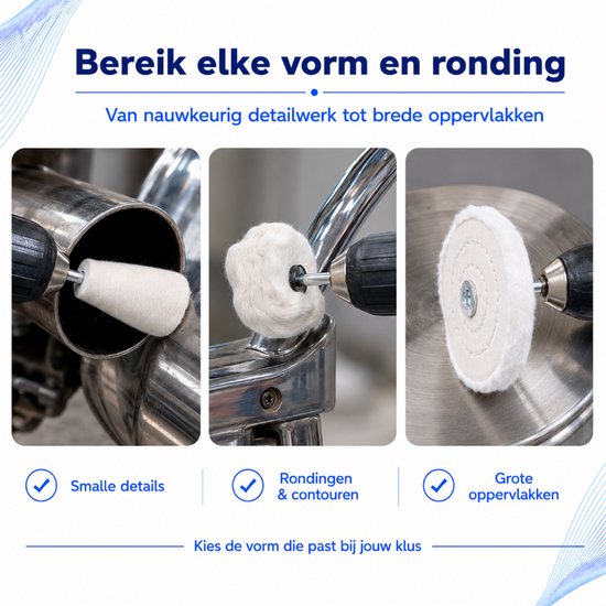 Drie polijstkoppen in verschillende vormen: conisch, rond en plat, bevestigd aan boormachines.