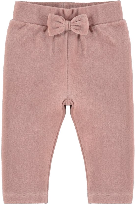 Roze velours broek met strikje en elastische tailleband.