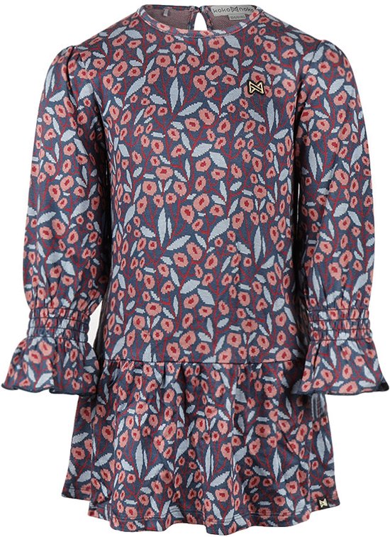 Donkerblauwe jurk met bloemenprint in roze en lichtblauw, lange mouwen met ruches, ronde hals en ruche aan de onderkant, met strikje op de borst.