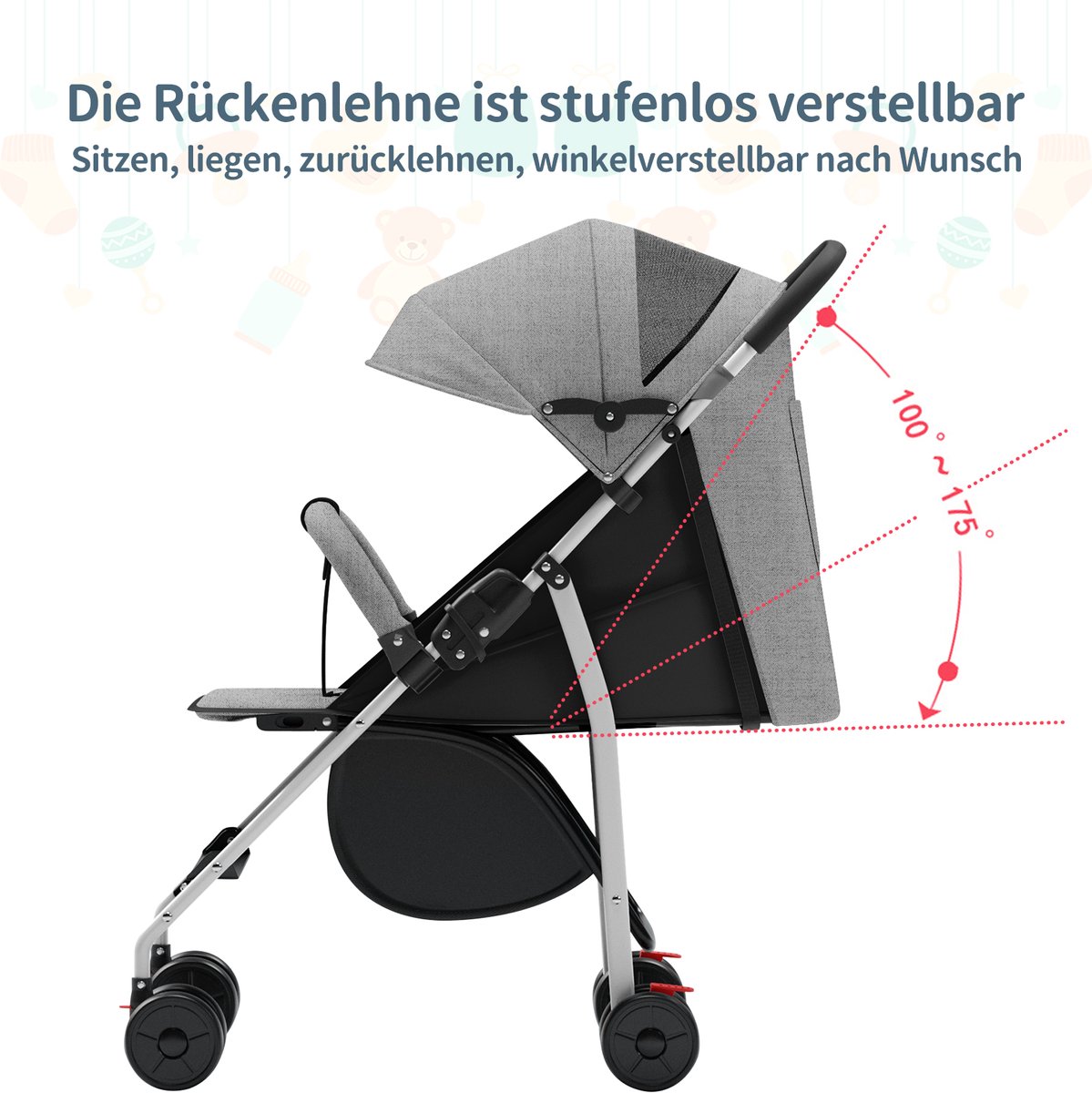 PIPIPOXER Opvouwbare Buggy met Zon- en Regenhoes, Grijs - afbeelding 2