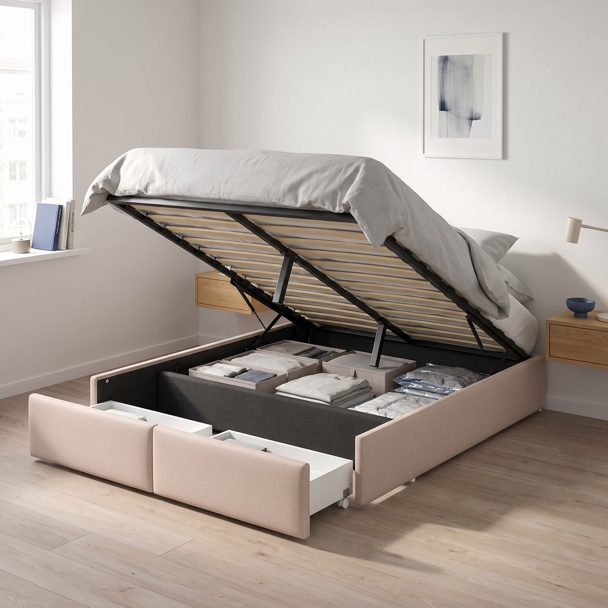 Mofor Gestoffeerd Opbergbed 140x200 cm - Tweepersoonsbed met hydraulische opbergruimte en 2 lades - zonder hoofdbord - Linnen - modern - Beige
