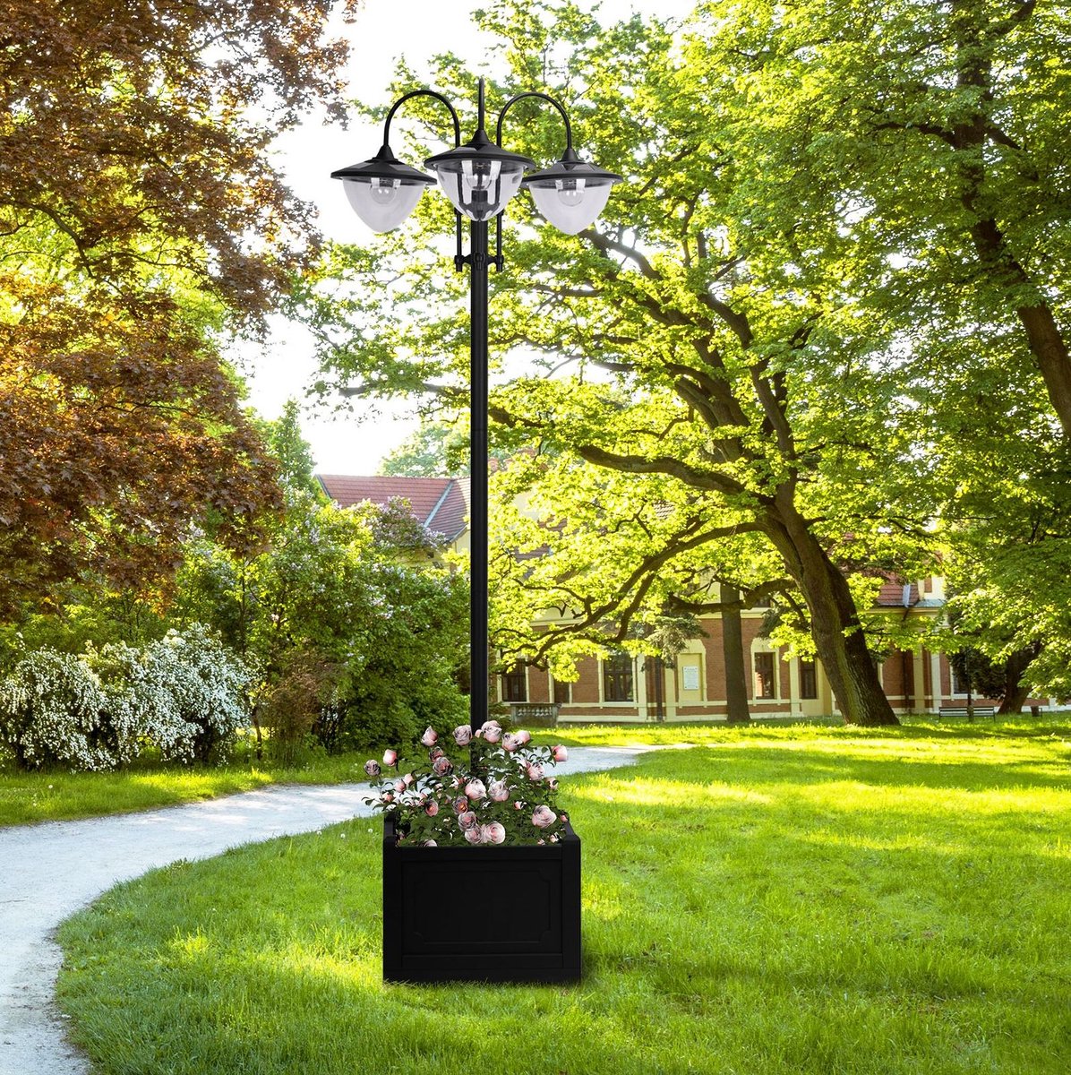 OKWISH Lantaarnpaal Op Zonne-Energie – 3 Lichtpunten – Voor Tuin, Terras En Balkon – Met Plantenbakvoet En Dimstand – Zwart – 60x55x189 cm