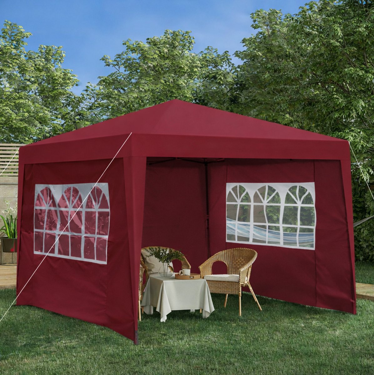 MIVRAY Partytent – Opvouwbaar 300 x 300 cm – Staal – Bourgondisch Rood – Waterdicht Paviljoen Voor Tuin Feest Camping Met 4 Zijwanden