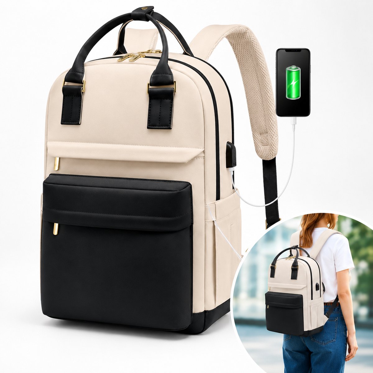 Laptop Rugzak Dames 15.6 Inch - Luxe Schooltas en Werk Rugtas met USB Oplaadpoort - Waterafstotende Anti-diefstal Reisrugzak - Khaki