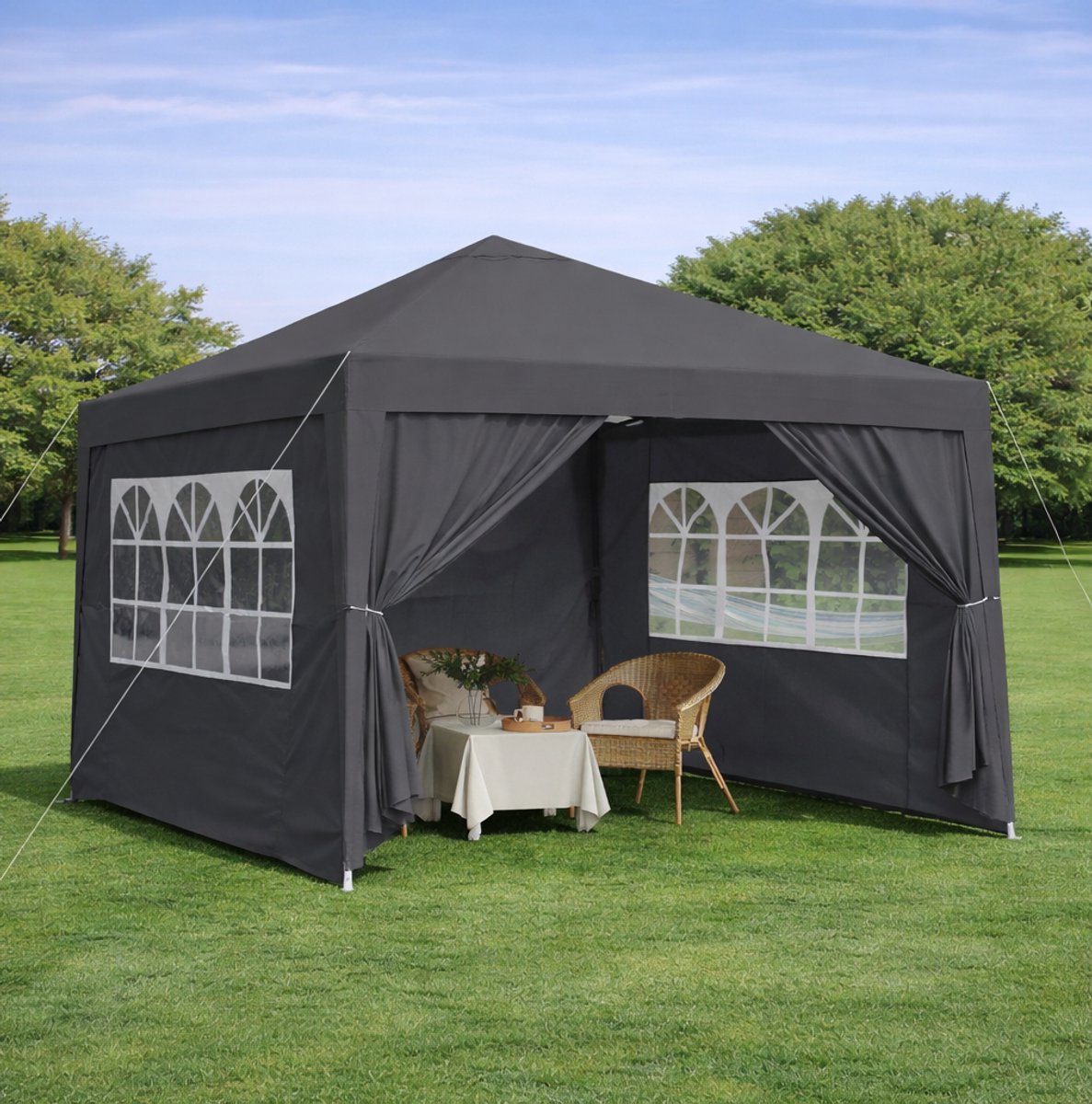 MIVRAY Partytent – 3 X 3 M Easy-Up Inklapbaar – Staal En PU-Gecoat Materiaal – Zwart – Met 4 Zijwanden En 4 Zandzakken